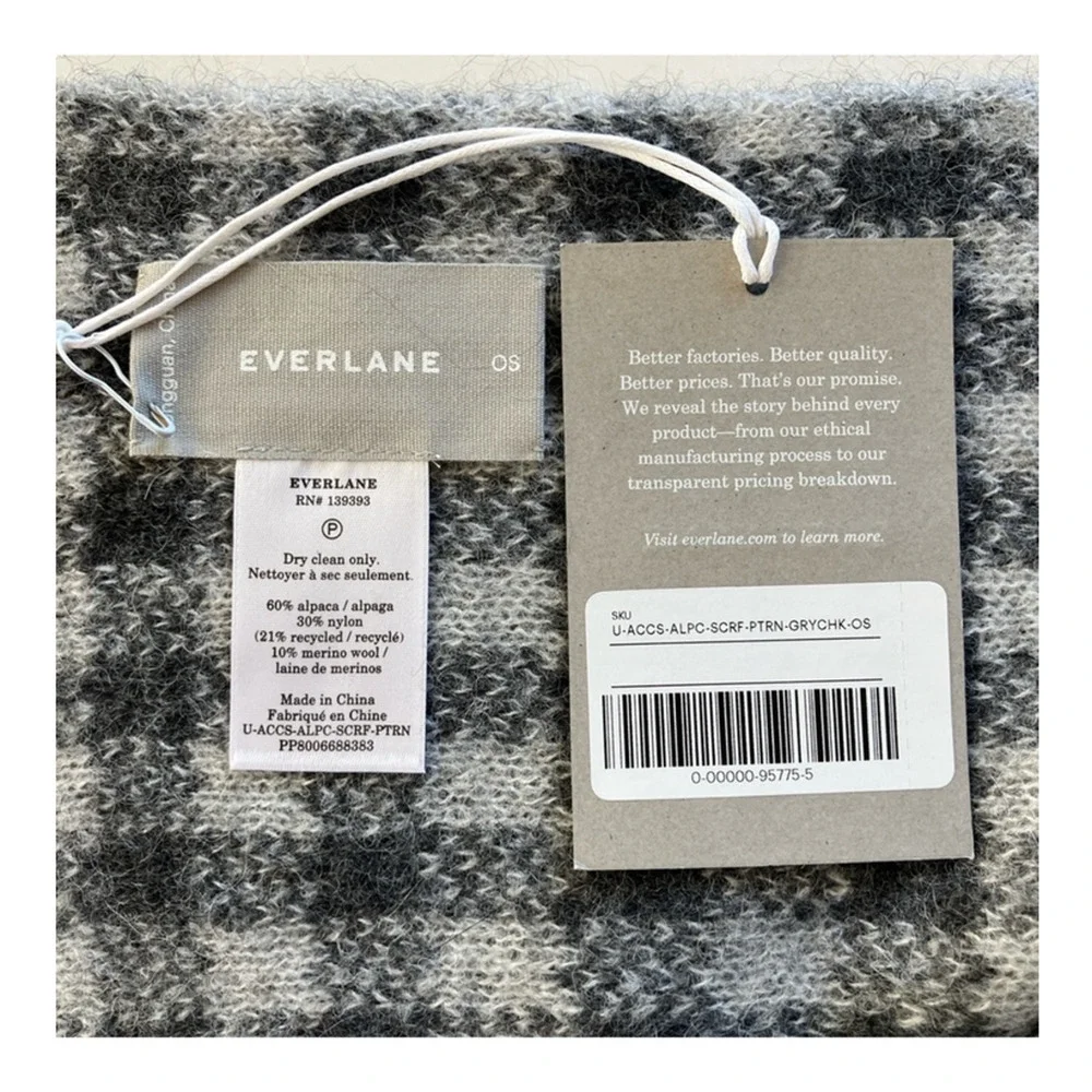 NWT Everlane Unisex The Alpaca Patterned Scarf Gray Buffalo Check One Size
